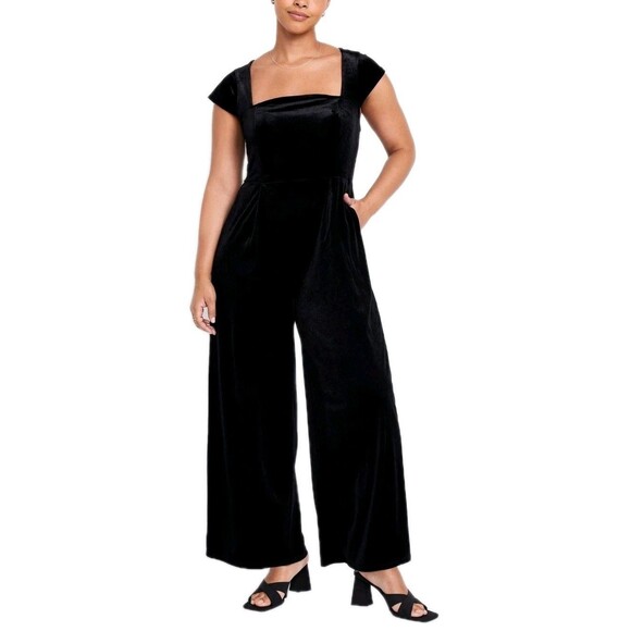 Fit & Flare Velvet Holiday Open Back Wide Leg Black Jumpsuit Old Navy Women's L - Picture 1 of 15